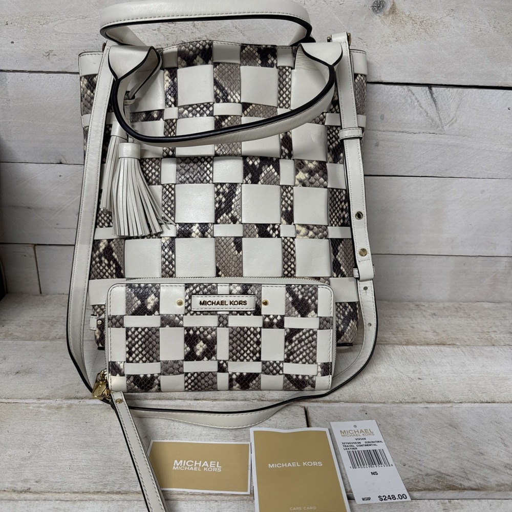 Michael Kors Snake Skin Pattern Vivian Basket Weave Tote And Wallet